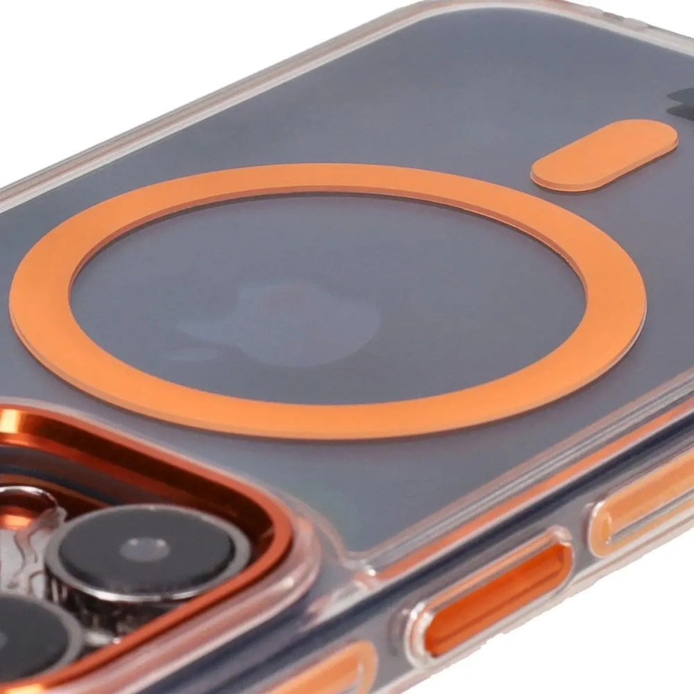 Etui z pierścieniem magnetycznym Bizon Case Marco do Apple iPhone 15 Pro przezroczyste z pomarańczową ramką