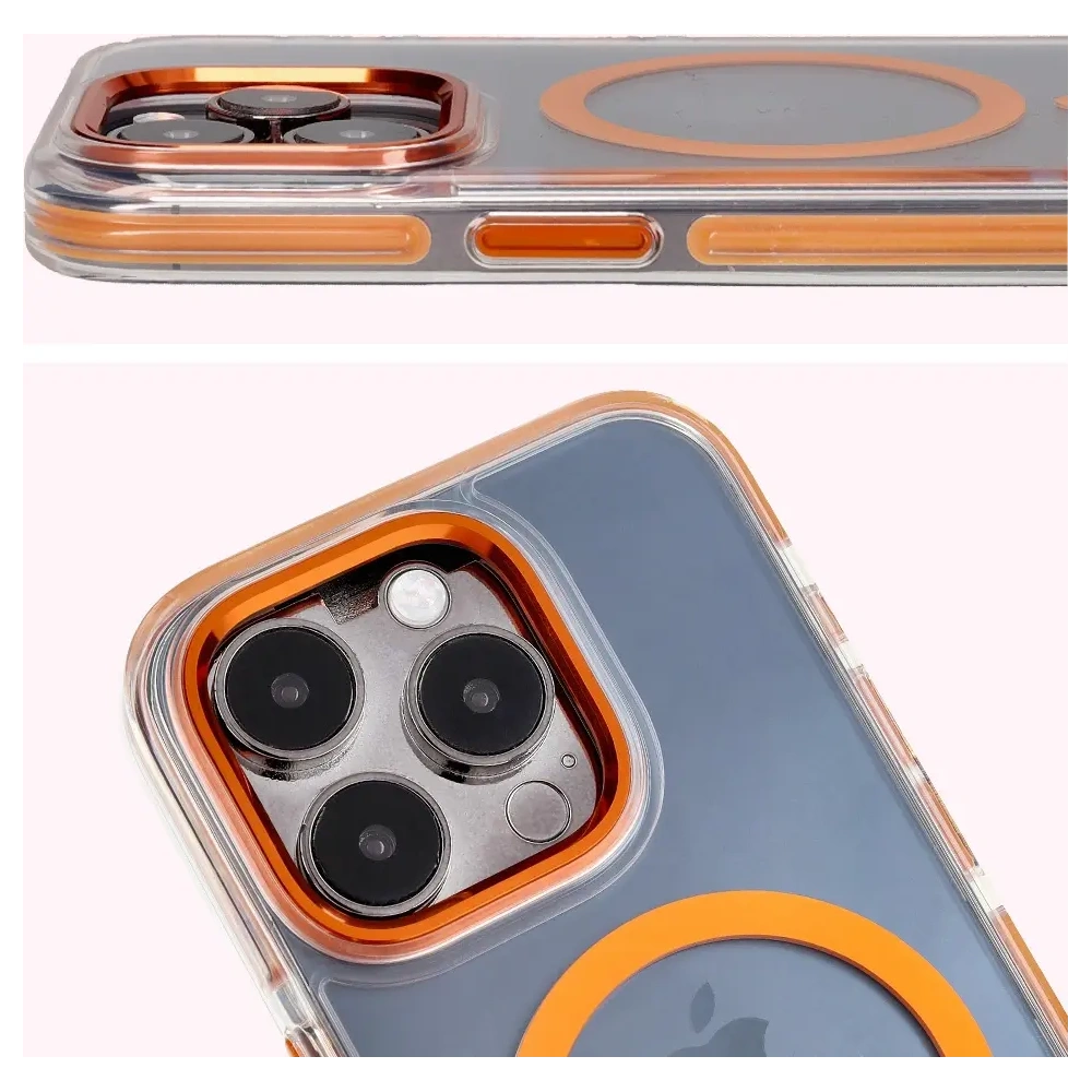 Etui z pierścieniem magnetycznym Bizon Case Marco do Apple iPhone 15 Pro przezroczyste z pomarańczową ramką