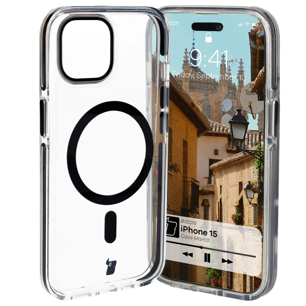 Etui z pierścieniem magnetycznym Bizon Case Marco do Apple iPhone 15 przezroczyste z czarną ramką