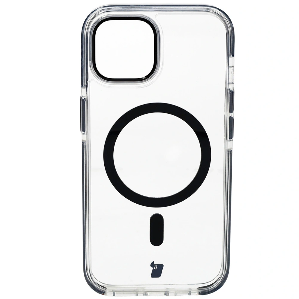 Etui z pierścieniem magnetycznym Bizon Case Marco do Apple iPhone 15 przezroczyste z czarną ramką