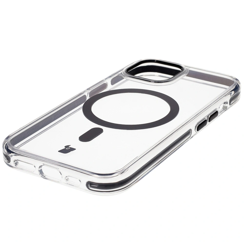 Etui z pierścieniem magnetycznym Bizon Case Marco do Apple iPhone 15 przezroczyste z czarną ramką