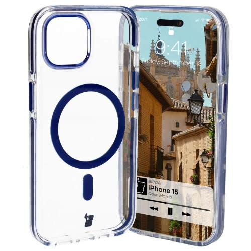 Kup Etui s magnetickým kroužkem Bizon Case Marco pro Apple iPhone 15 průhledné s modrým rámem - BIZ7079 - {ean13} - Sklep Home Screen