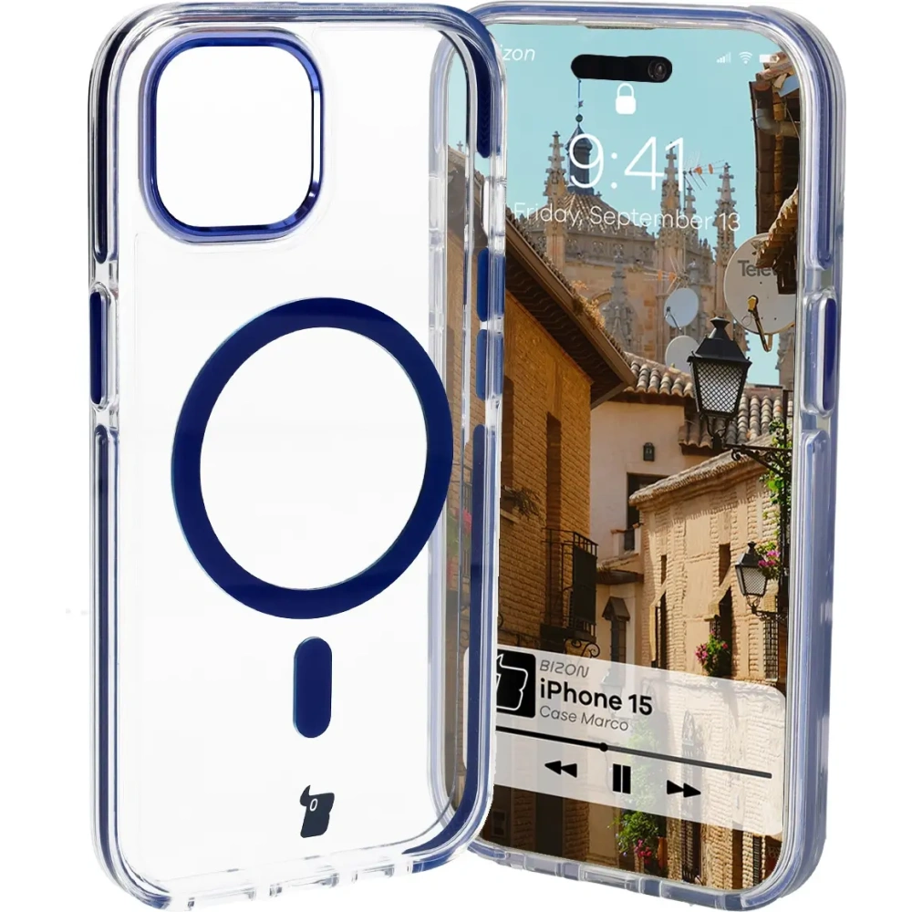 Etui z pierścieniem magnetycznym Bizon Case Marco do Apple iPhone 15 przezroczyste z niebieską ramką