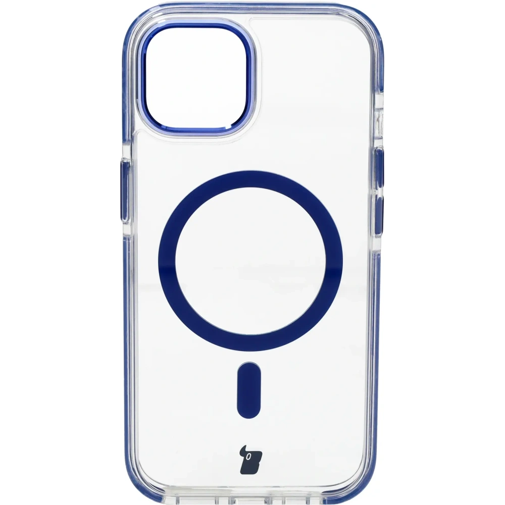 Etui z pierścieniem magnetycznym Bizon Case Marco do Apple iPhone 15 przezroczyste z niebieską ramką