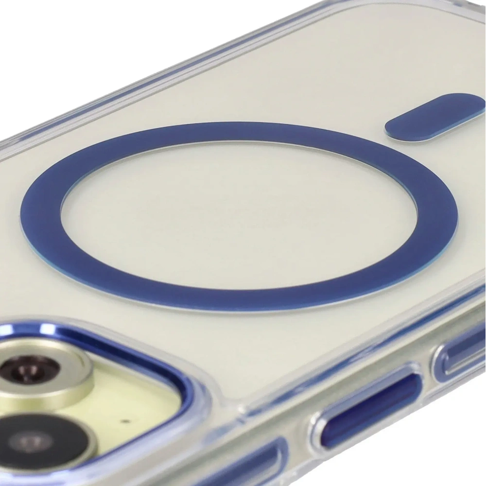 Etui z pierścieniem magnetycznym Bizon Case Marco do Apple iPhone 15 przezroczyste z niebieską ramką