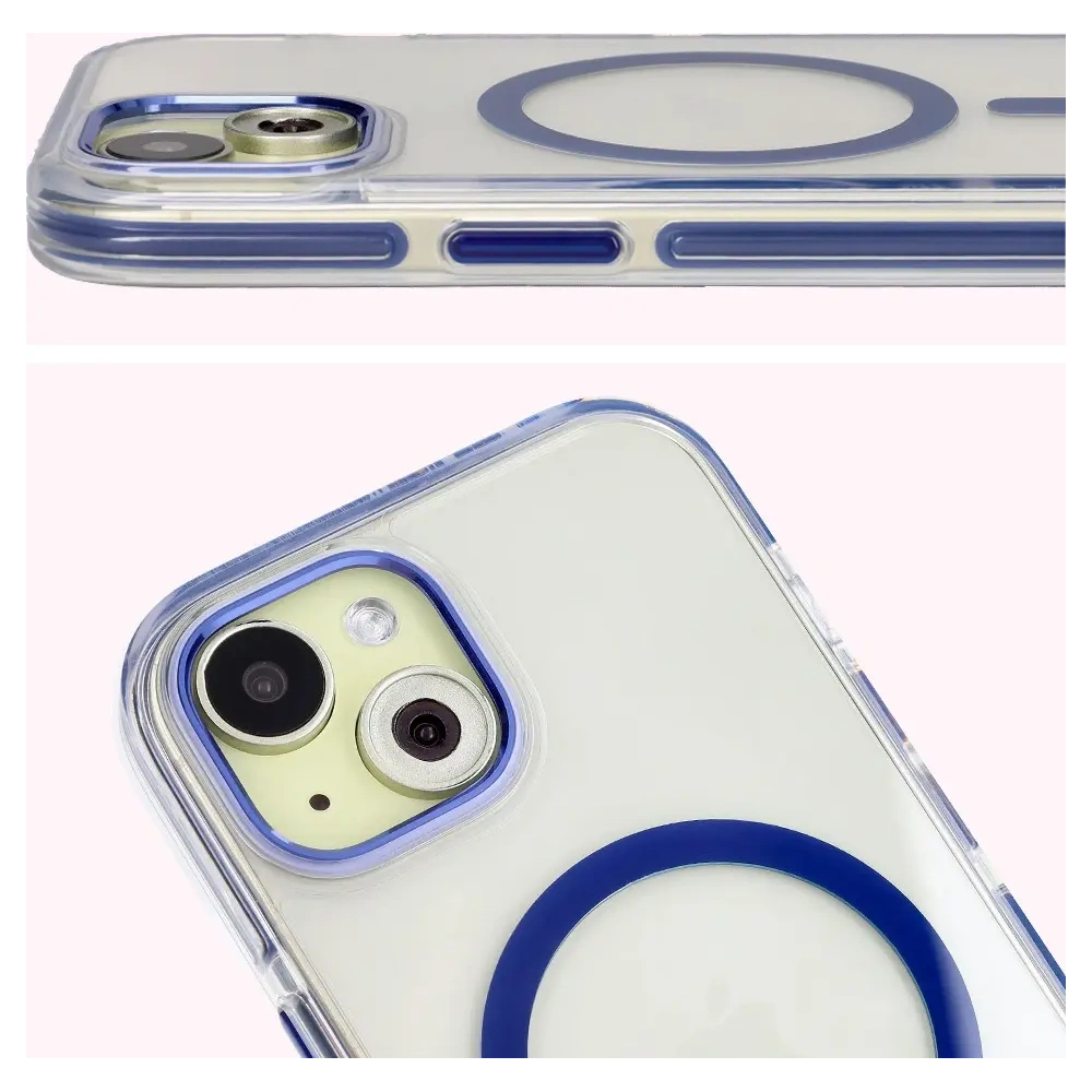 Etui z pierścieniem magnetycznym Bizon Case Marco do Apple iPhone 15 przezroczyste z niebieską ramką