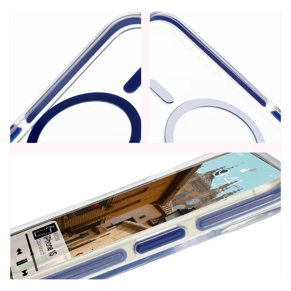 Etui z pierścieniem magnetycznym Bizon Case Marco do Apple iPhone 15 przezroczyste z niebieską ramką