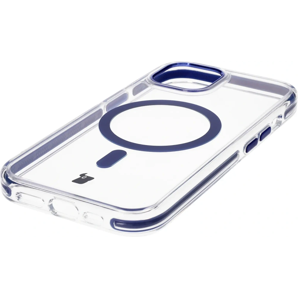 Etui z pierścieniem magnetycznym Bizon Case Marco do Apple iPhone 15 przezroczyste z niebieską ramką