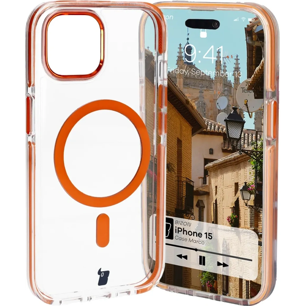 Etui z pierścieniem magnetycznym Bizon Case Marco do Apple iPhone 15 przezroczyste z pomarańczową ramką