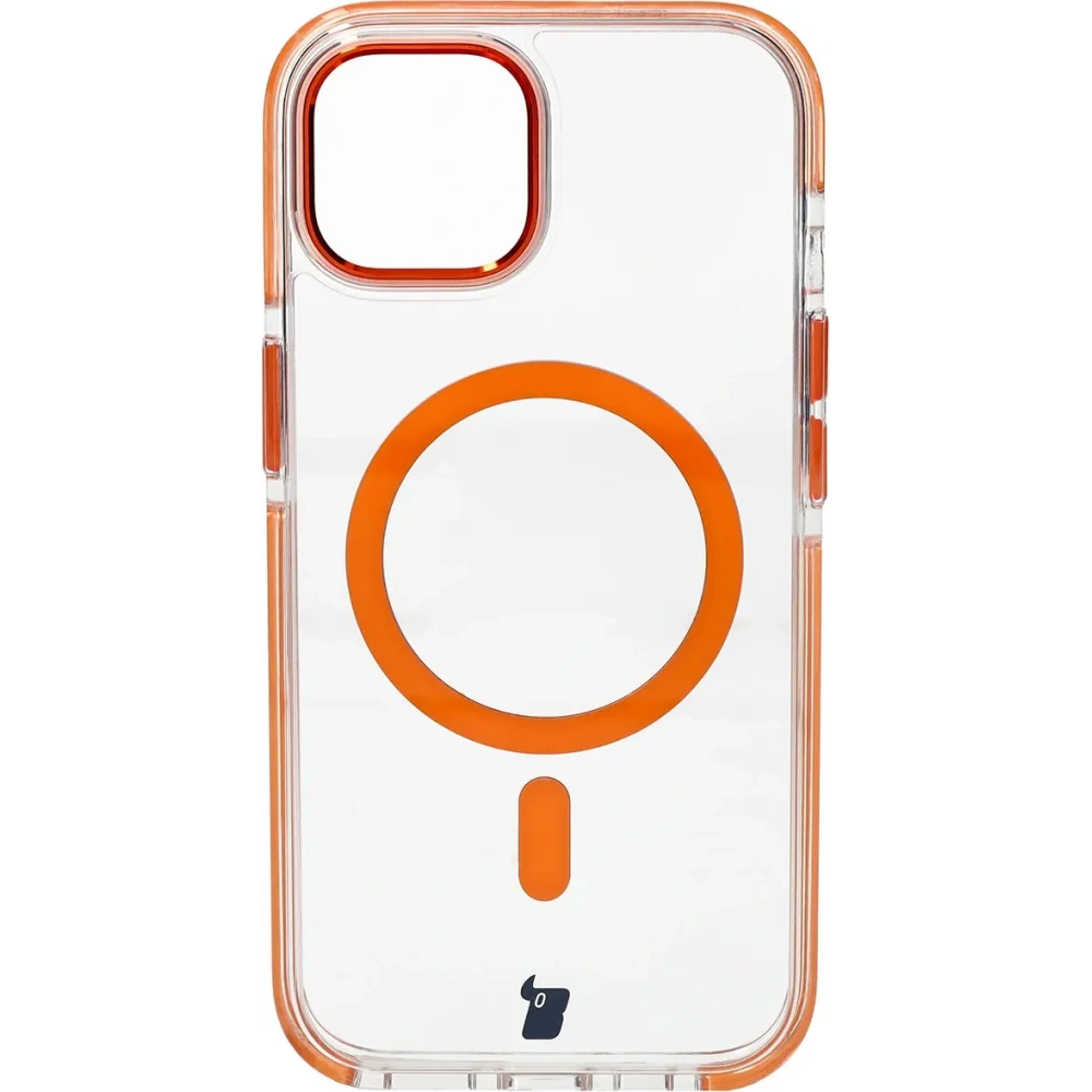Etui z pierścieniem magnetycznym Bizon Case Marco do Apple iPhone 15 przezroczyste z pomarańczową ramką