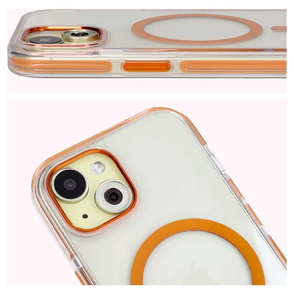 Etui z pierścieniem magnetycznym Bizon Case Marco do Apple iPhone 15 przezroczyste z pomarańczową ramką