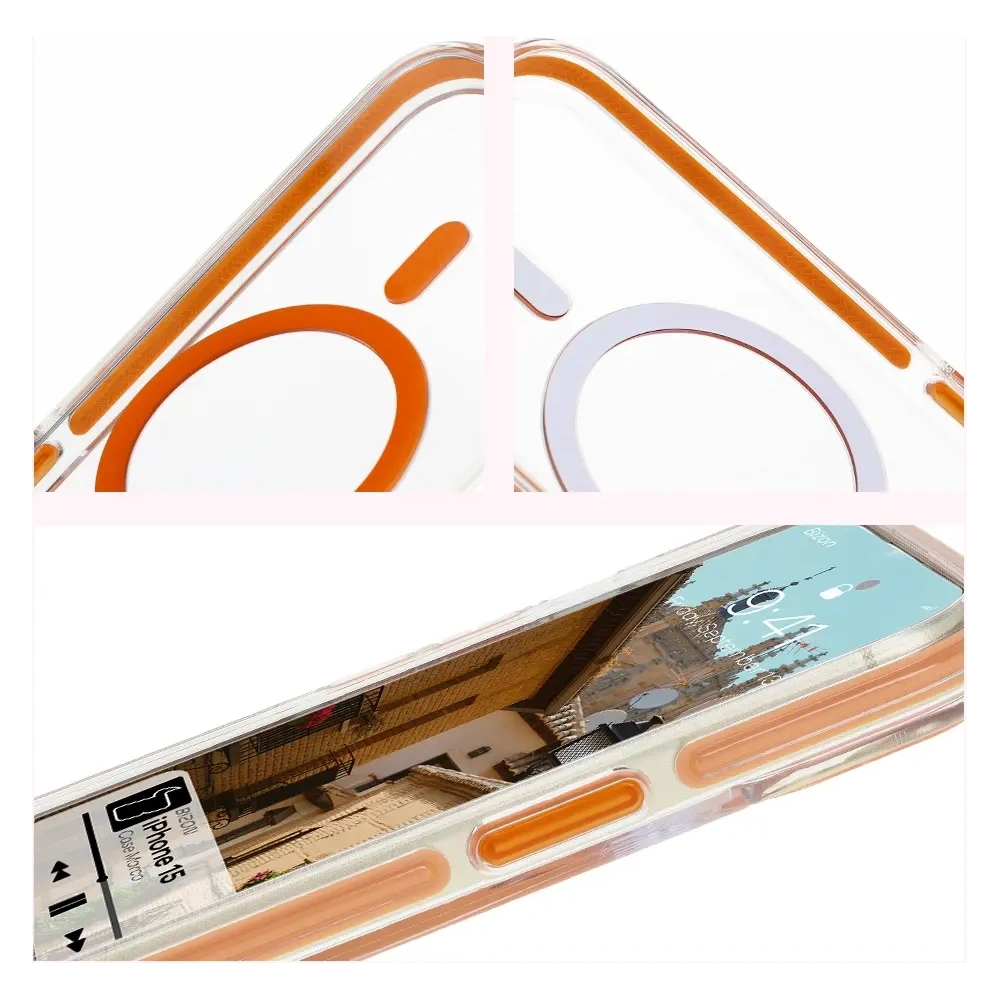 Etui z pierścieniem magnetycznym Bizon Case Marco do Apple iPhone 15 przezroczyste z pomarańczową ramką