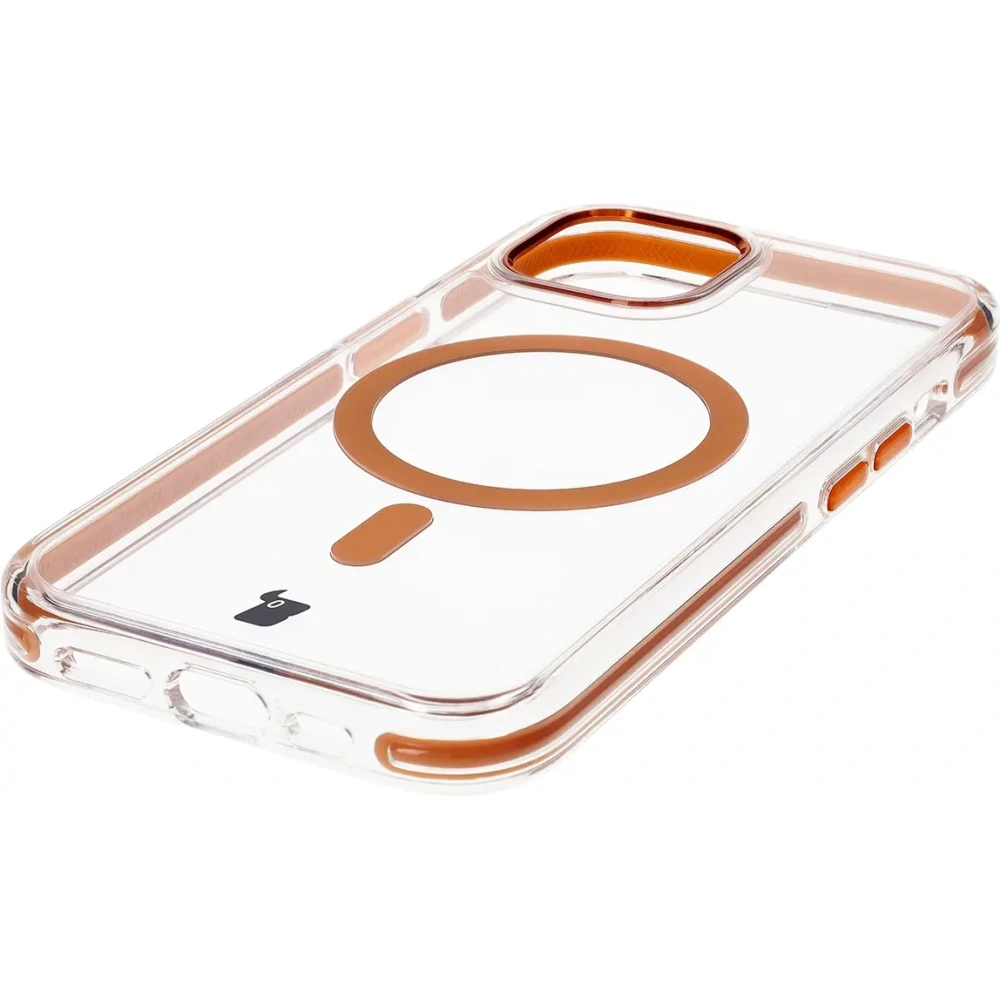 Etui z pierścieniem magnetycznym Bizon Case Marco do Apple iPhone 15 przezroczyste z pomarańczową ramką