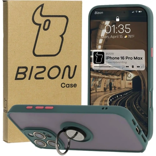 Kup Etui z uchwytem na palec Bizon Case Hybrid Ring do Apple iPhone 16 Pro Max kouřové s tmavě zeleným rámečkem - BIZ7081 - {ean13} - Sklep Home Screen