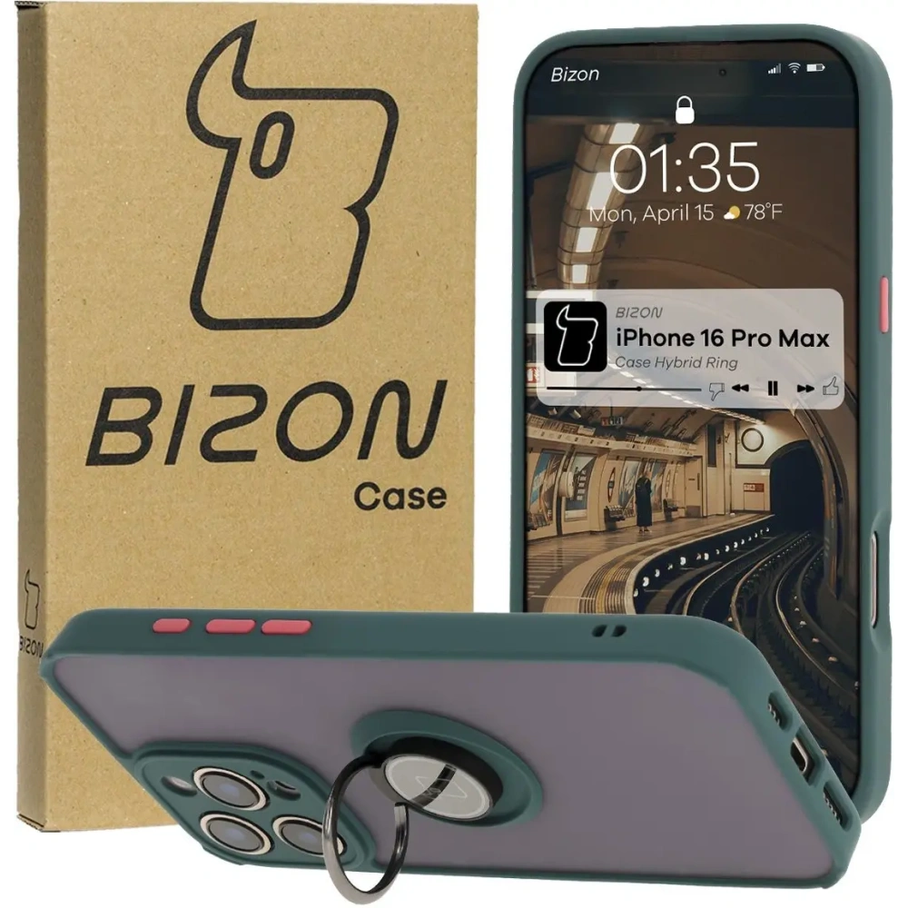 Etui z uchwytem na palec Bizon Case Hybrid Ring do Apple iPhone 16 Pro Max przydymione z ciemnozieloną ramką