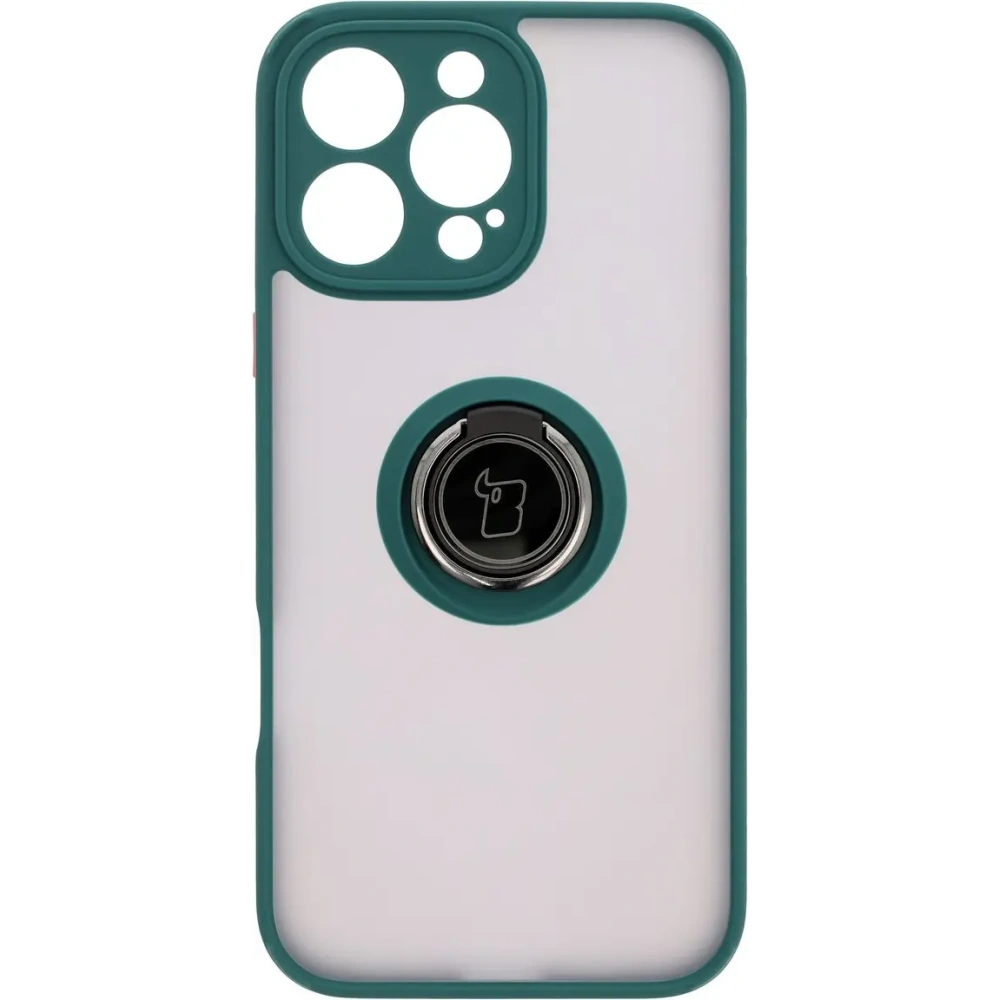 Etui z uchwytem na palec Bizon Case Hybrid Ring do Apple iPhone 16 Pro Max przydymione z ciemnozieloną ramką