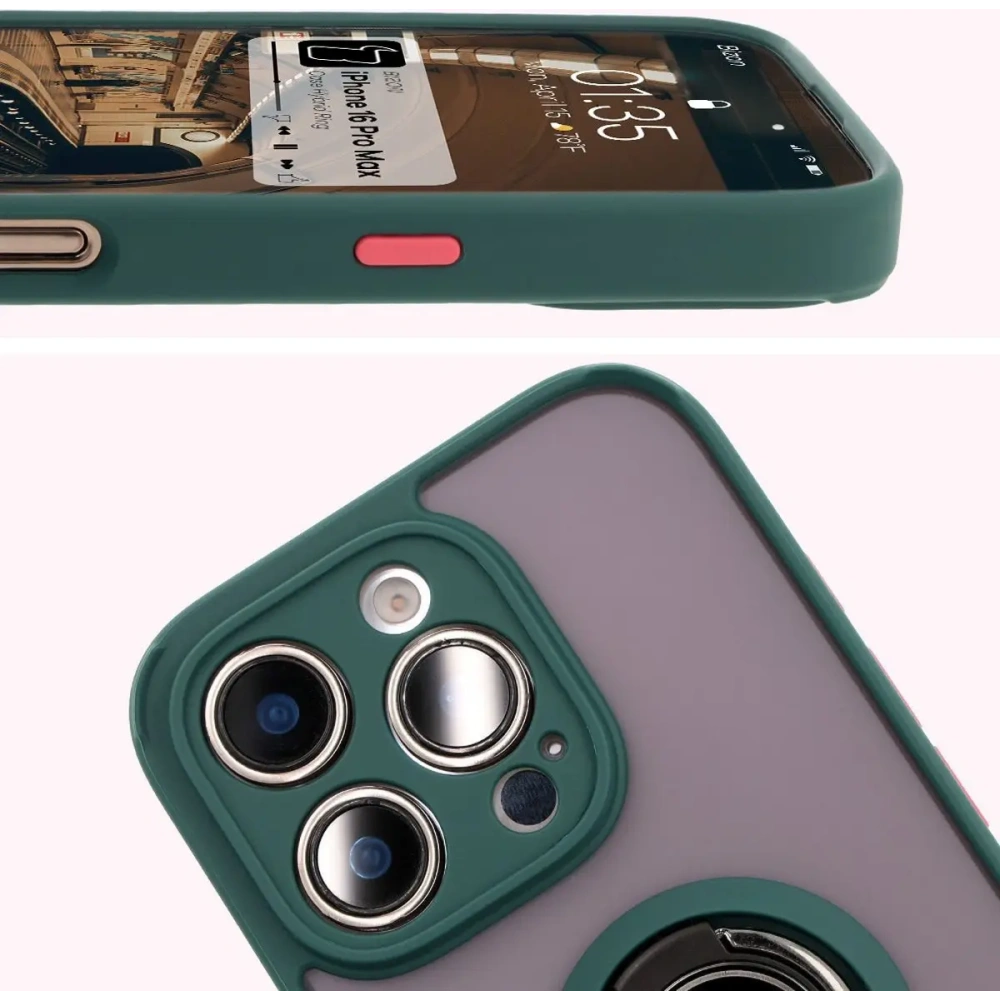 Etui z uchwytem na palec Bizon Case Hybrid Ring do Apple iPhone 16 Pro Max przydymione z ciemnozieloną ramką