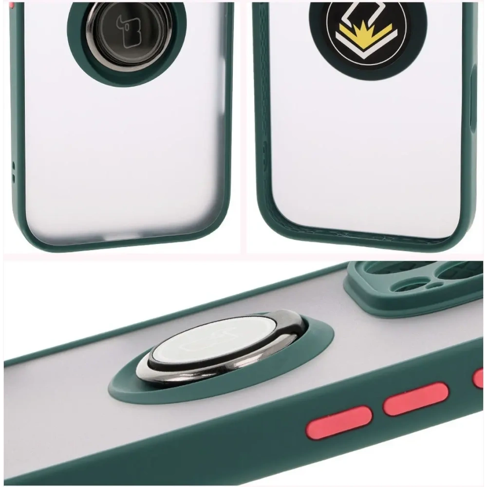 Etui z uchwytem na palec Bizon Case Hybrid Ring do Apple iPhone 16 Pro Max przydymione z ciemnozieloną ramką