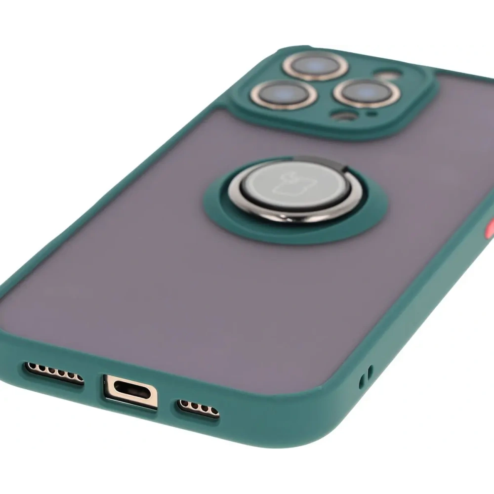 Etui z uchwytem na palec Bizon Case Hybrid Ring do Apple iPhone 16 Pro Max przydymione z ciemnozieloną ramką
