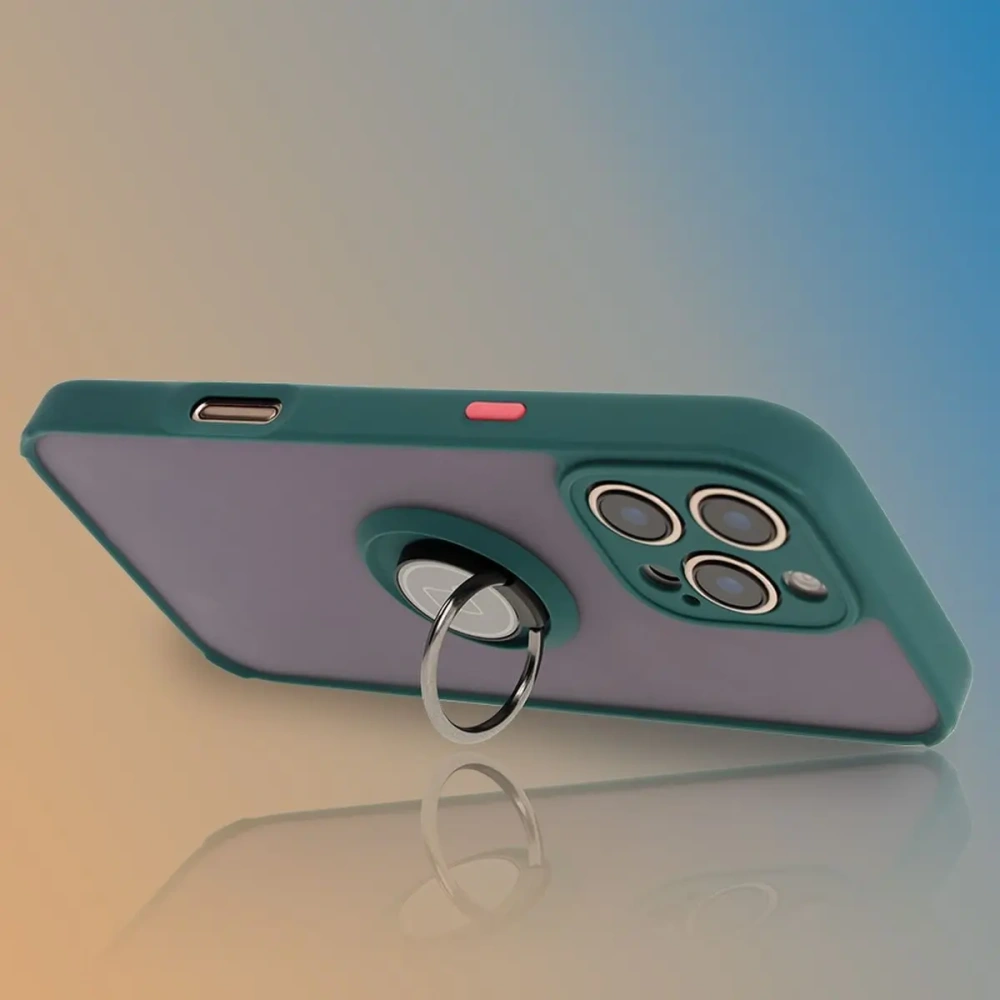 Etui z uchwytem na palec Bizon Case Hybrid Ring do Apple iPhone 16 Pro Max przydymione z ciemnozieloną ramką