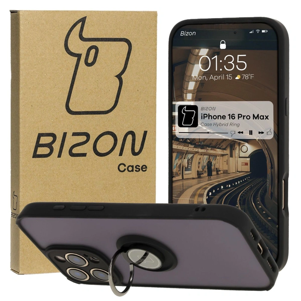 Etui z uchwytem na palec Bizon Case Hybrid Ring do Apple iPhone 16 Pro Max przydymione z czarną ramką