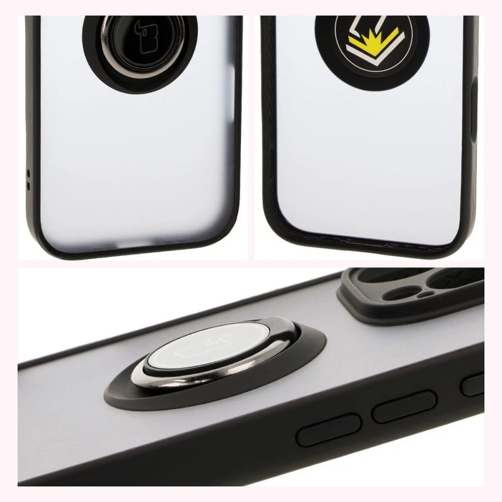 Etui z uchwytem na palec Bizon Case Hybrid Ring do Apple iPhone 16 Pro Max przydymione z czarną ramką