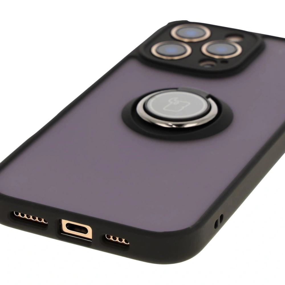 Etui z uchwytem na palec Bizon Case Hybrid Ring do Apple iPhone 16 Pro Max przydymione z czarną ramką