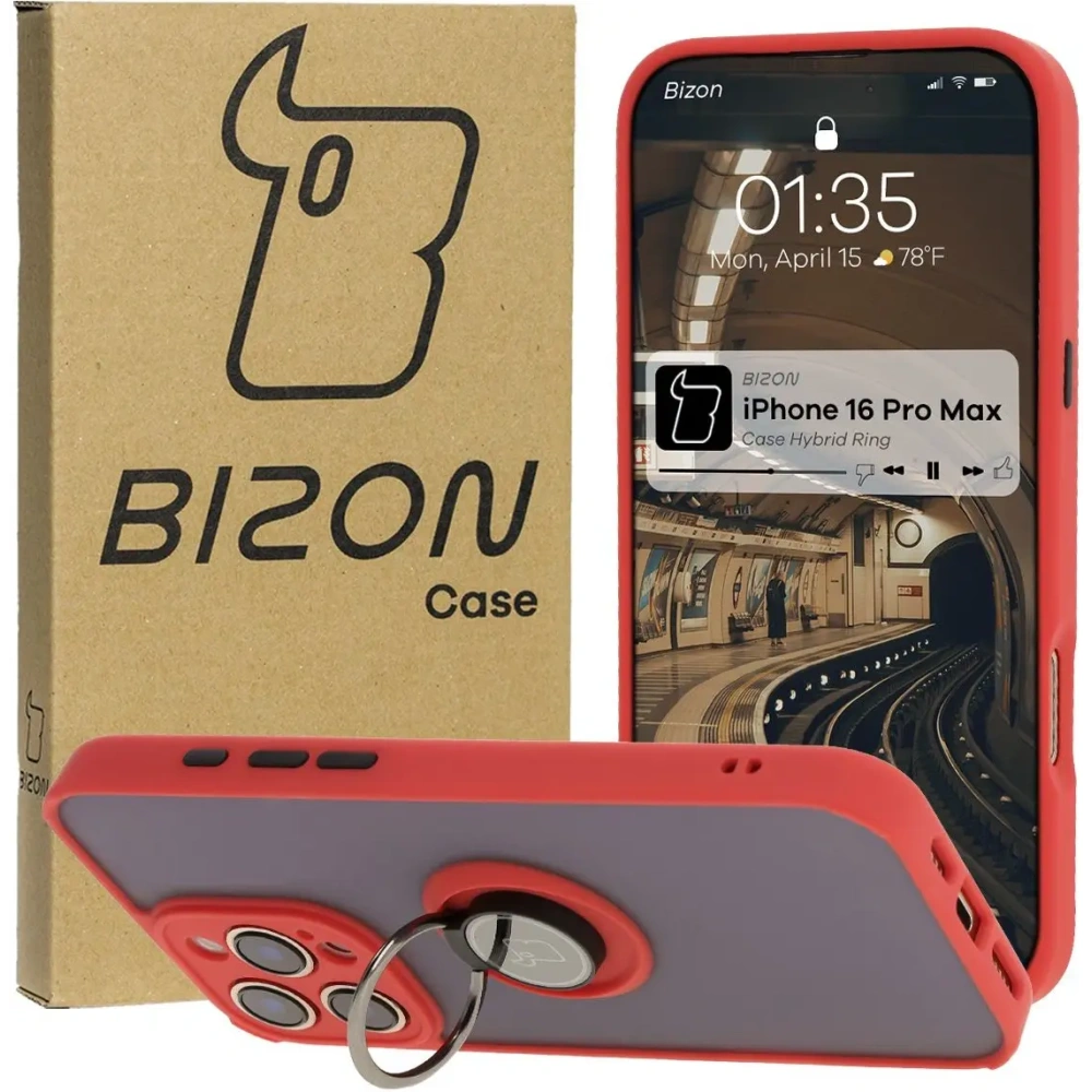 Etui z uchwytem na palec Bizon Case Hybrid Ring do Apple iPhone 16 Pro Max przydymione z czerwoną ramką