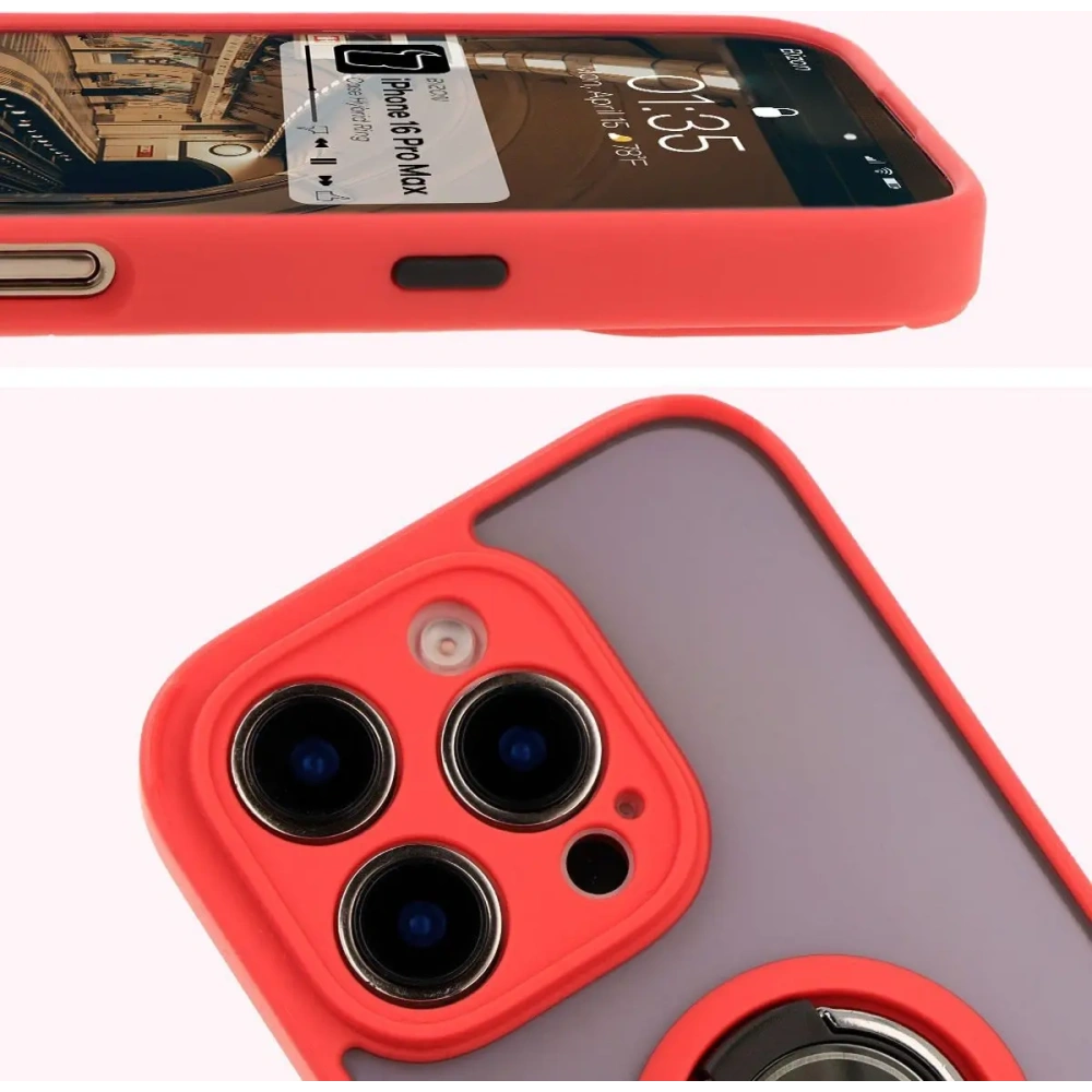 Etui z uchwytem na palec Bizon Case Hybrid Ring do Apple iPhone 16 Pro Max przydymione z czerwoną ramką