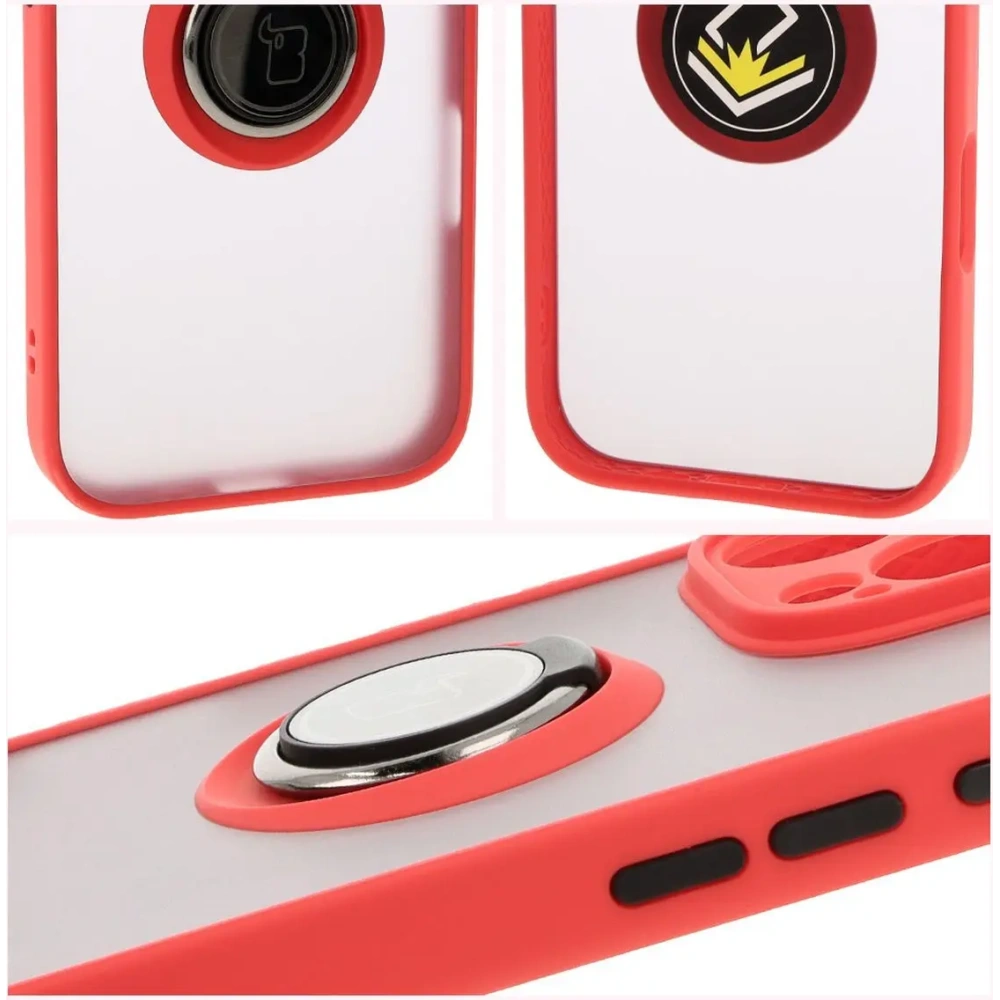 Etui z uchwytem na palec Bizon Case Hybrid Ring do Apple iPhone 16 Pro Max przydymione z czerwoną ramką