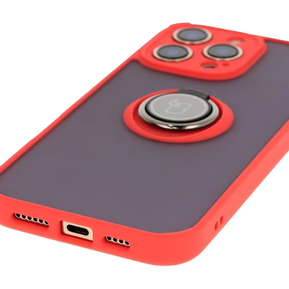 Etui z uchwytem na palec Bizon Case Hybrid Ring do Apple iPhone 16 Pro Max przydymione z czerwoną ramką