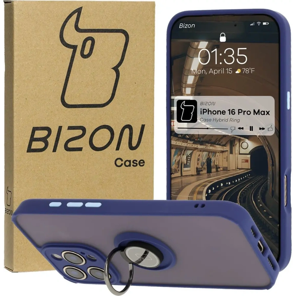 Etui z uchwytem na palec Bizon Case Hybrid Ring do Apple iPhone 16 Pro Max przydymione z granatową ramką