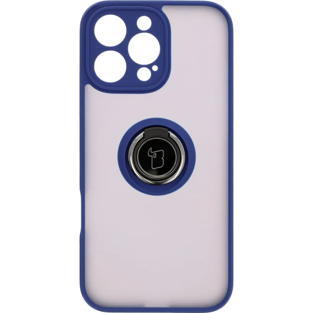 Etui z uchwytem na palec Bizon Case Hybrid Ring do Apple iPhone 16 Pro Max przydymione z granatową ramką