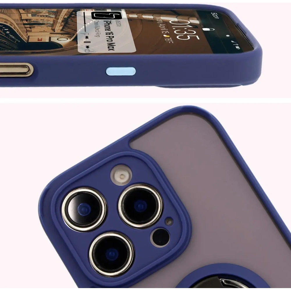 Etui z uchwytem na palec Bizon Case Hybrid Ring do Apple iPhone 16 Pro Max przydymione z granatową ramką