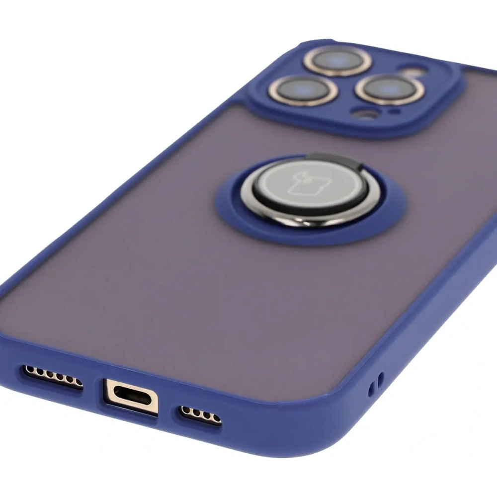 Etui z uchwytem na palec Bizon Case Hybrid Ring do Apple iPhone 16 Pro Max przydymione z granatową ramką