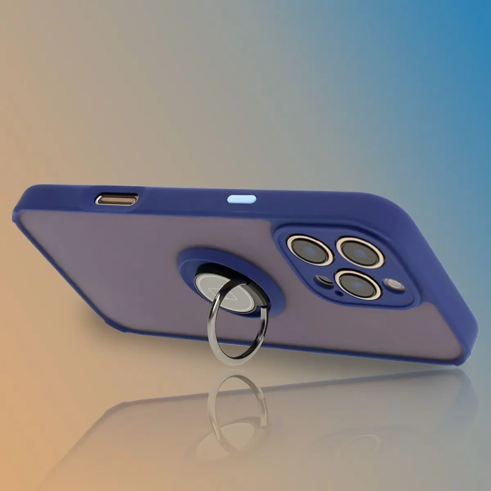 Etui z uchwytem na palec Bizon Case Hybrid Ring do Apple iPhone 16 Pro Max przydymione z granatową ramką
