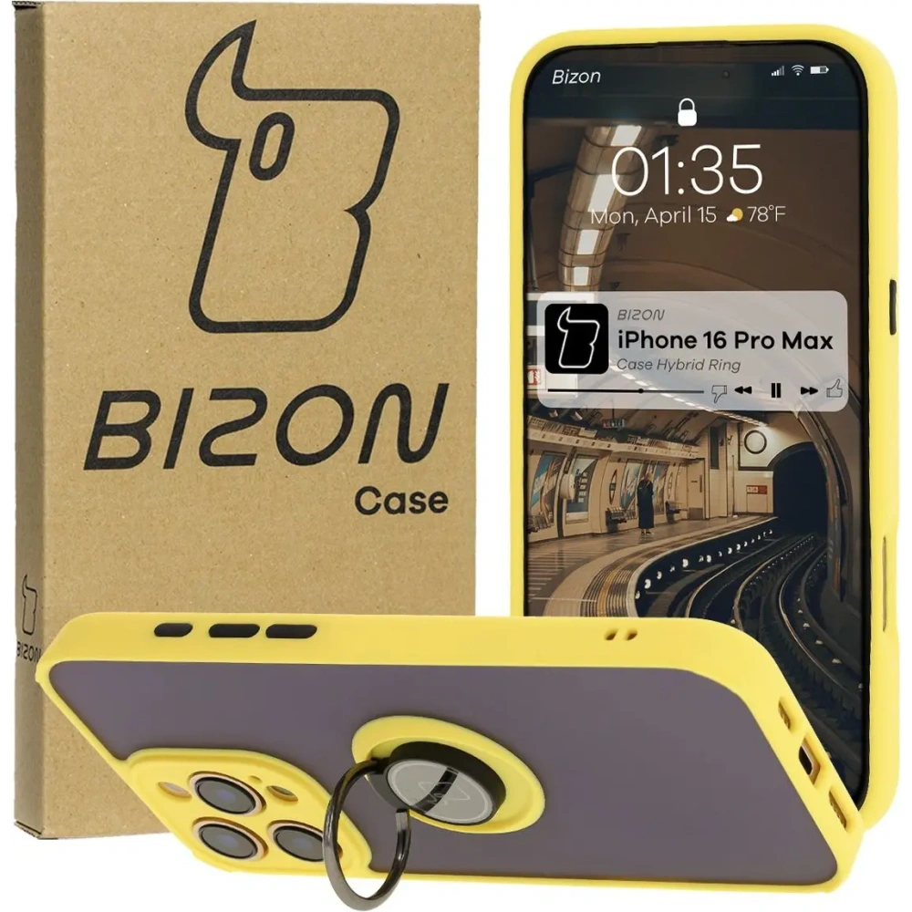 Etui z uchwytem na palec Bizon Case Hybrid Ring do Apple iPhone 16 Pro Max przydymione z żółtą ramką