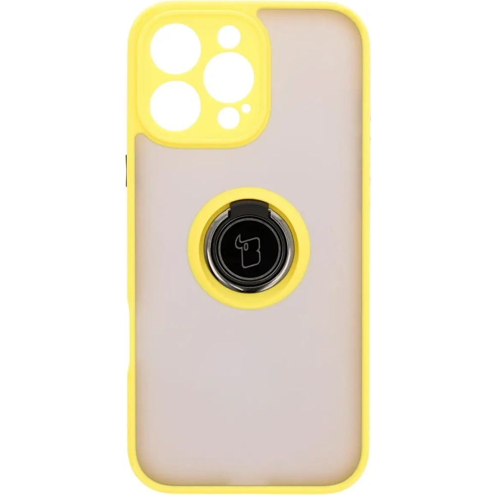 Etui z uchwytem na palec Bizon Case Hybrid Ring do Apple iPhone 16 Pro Max przydymione z żółtą ramką