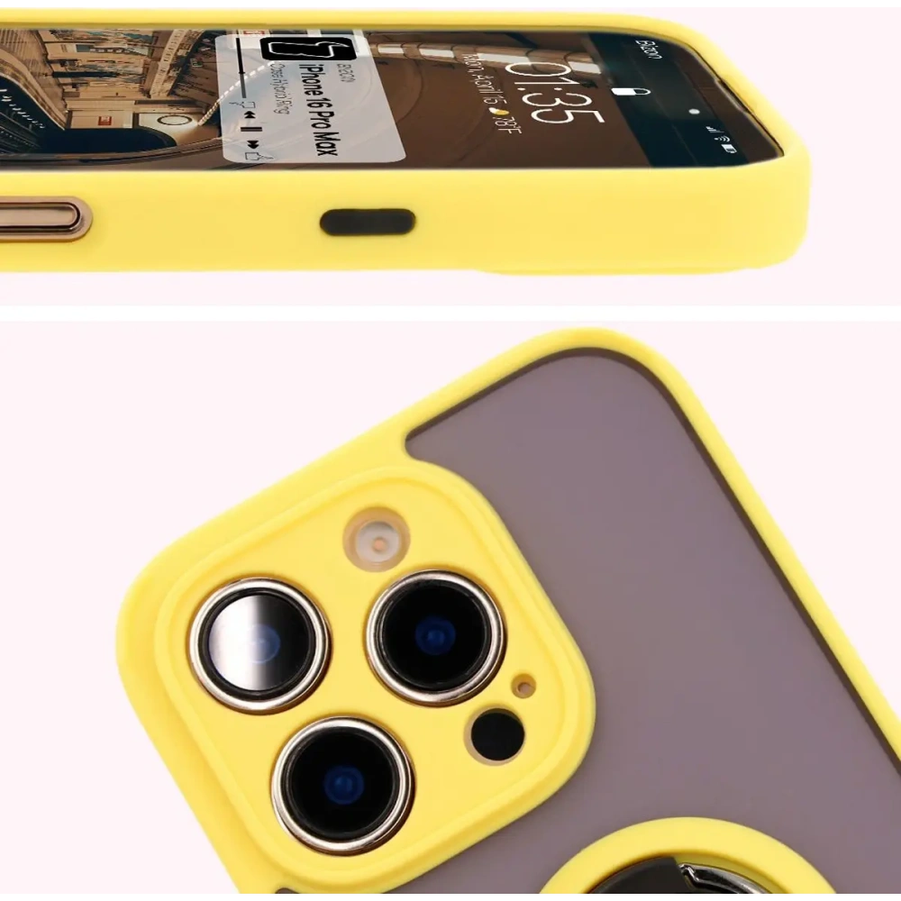 Etui z uchwytem na palec Bizon Case Hybrid Ring do Apple iPhone 16 Pro Max przydymione z żółtą ramką