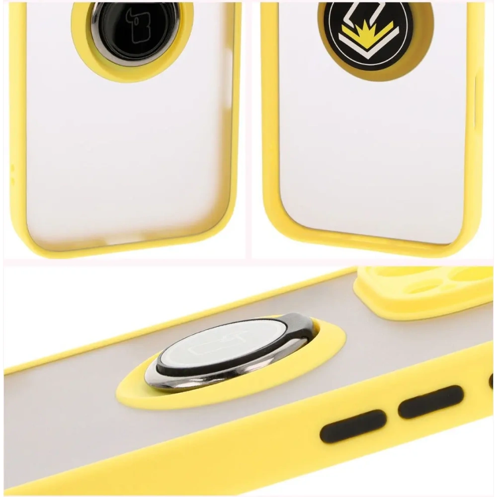 Etui z uchwytem na palec Bizon Case Hybrid Ring do Apple iPhone 16 Pro Max przydymione z żółtą ramką
