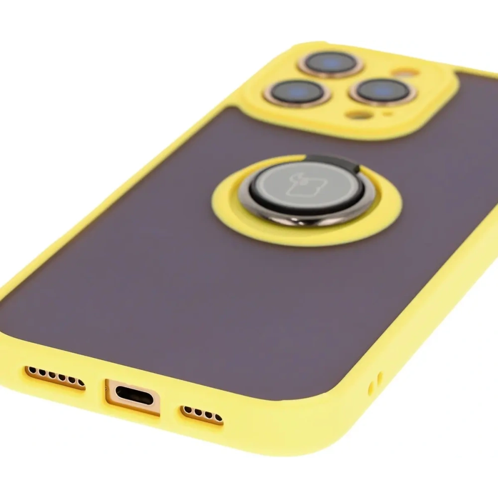 Etui z uchwytem na palec Bizon Case Hybrid Ring do Apple iPhone 16 Pro Max przydymione z żółtą ramką