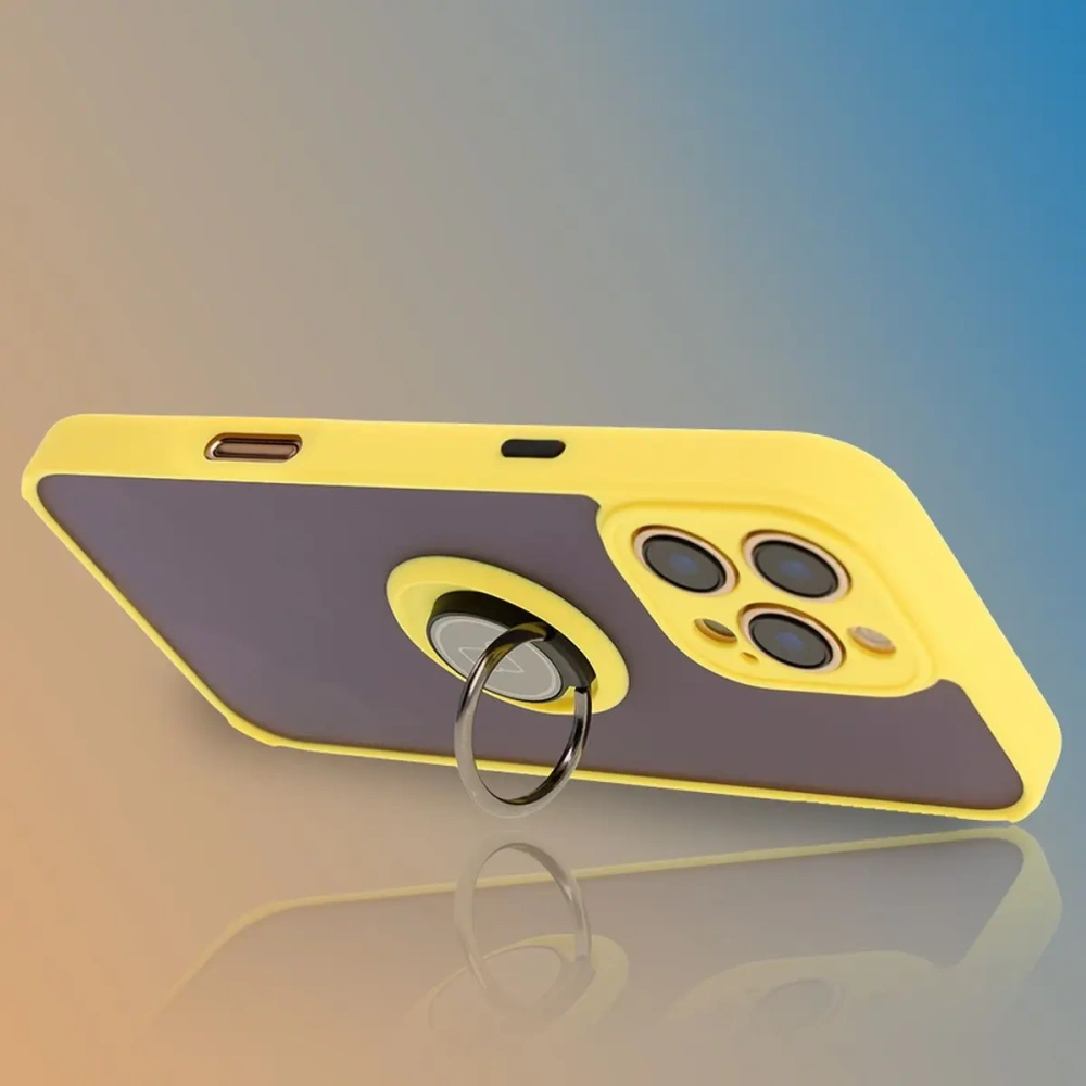 Etui z uchwytem na palec Bizon Case Hybrid Ring do Apple iPhone 16 Pro Max przydymione z żółtą ramką