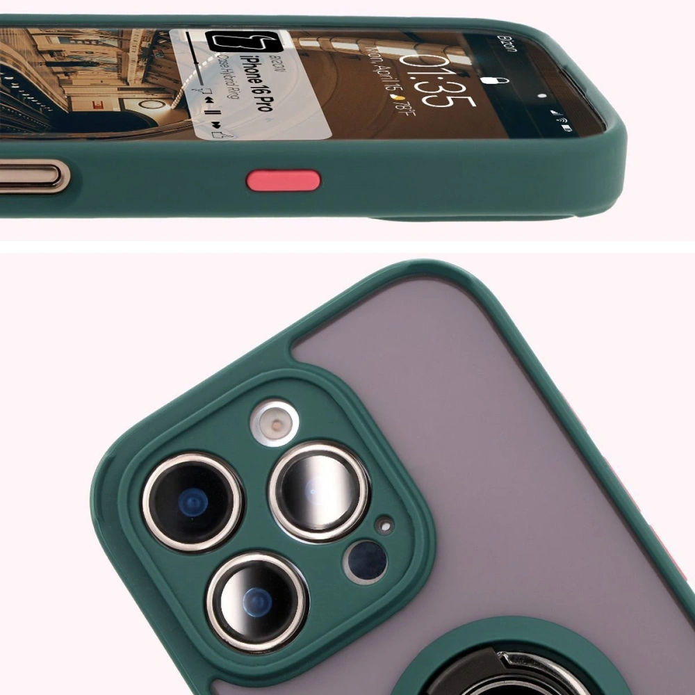 Etui z uchwytem na palec Bizon Case Hybrid Ring do Apple iPhone 16 Pro przydymione z ciemnozieloną ramką