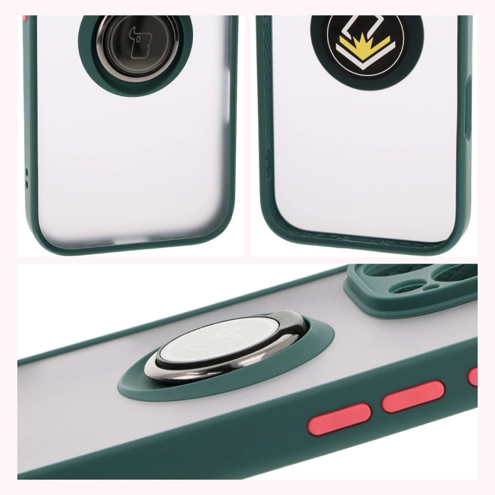 Etui z uchwytem na palec Bizon Case Hybrid Ring do Apple iPhone 16 Pro przydymione z ciemnozieloną ramką