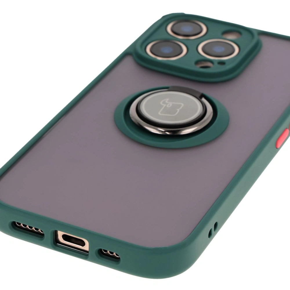 Etui z uchwytem na palec Bizon Case Hybrid Ring do Apple iPhone 16 Pro przydymione z ciemnozieloną ramką
