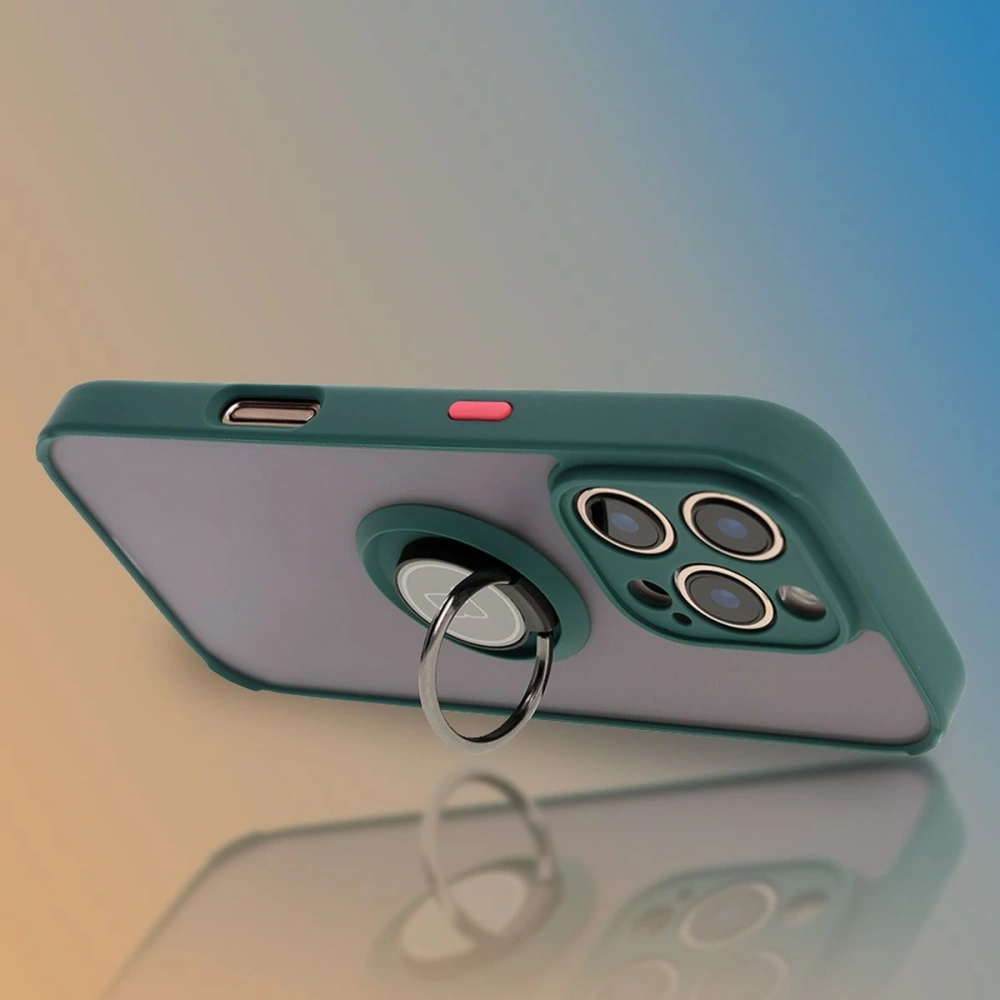 Etui z uchwytem na palec Bizon Case Hybrid Ring do Apple iPhone 16 Pro przydymione z ciemnozieloną ramką