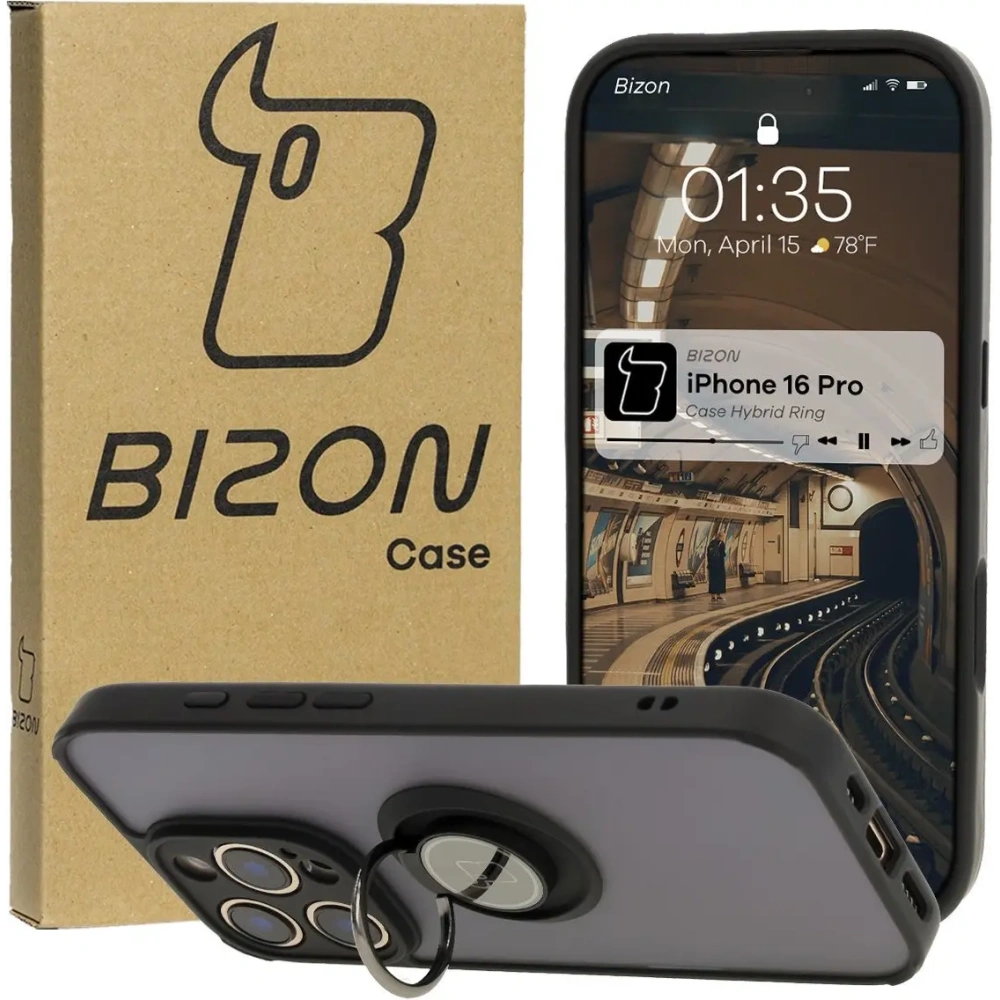 Etui z uchwytem na palec Bizon Case Hybrid Ring do Apple iPhone 16 Pro przydymione z czarną ramką