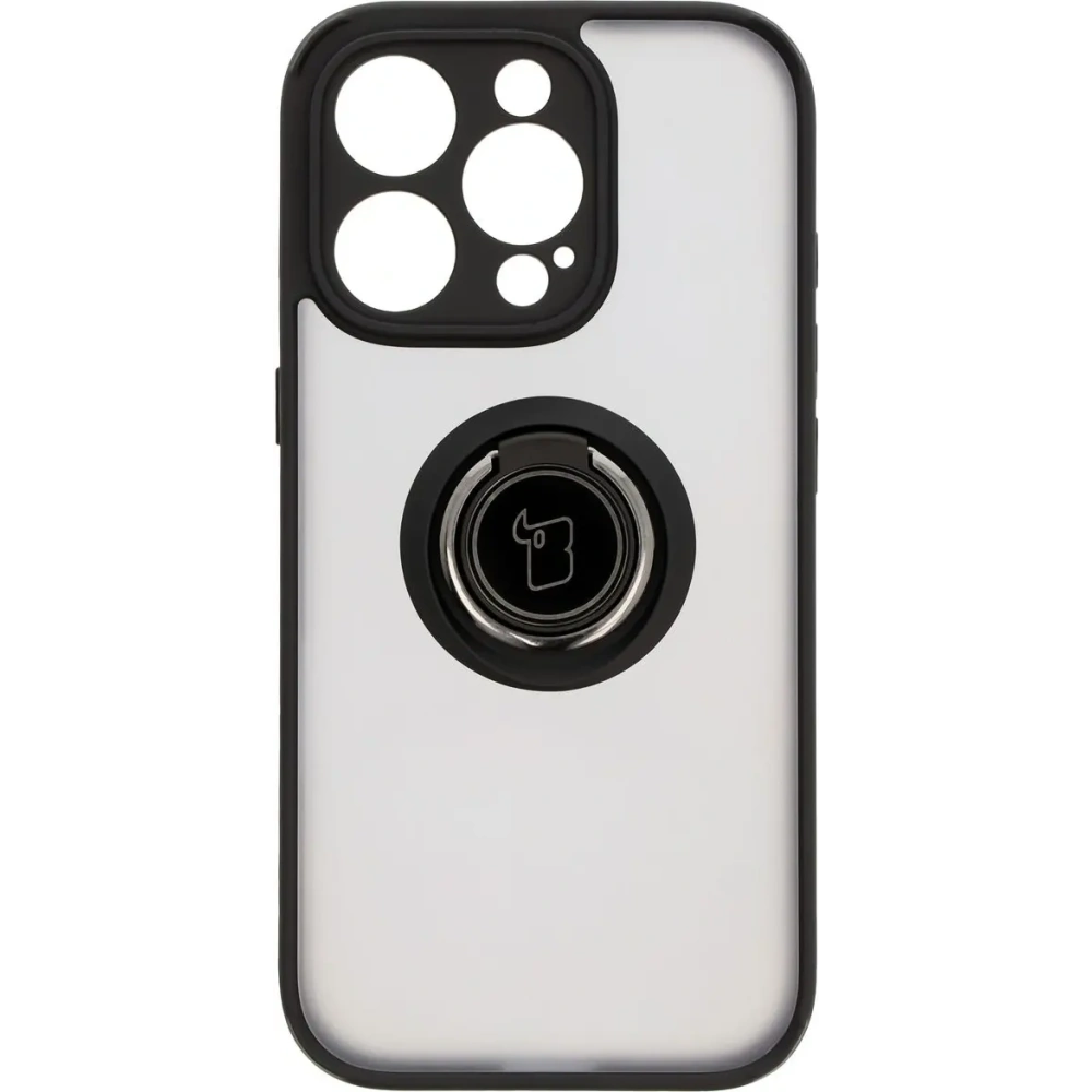 Etui z uchwytem na palec Bizon Case Hybrid Ring do Apple iPhone 16 Pro przydymione z czarną ramką