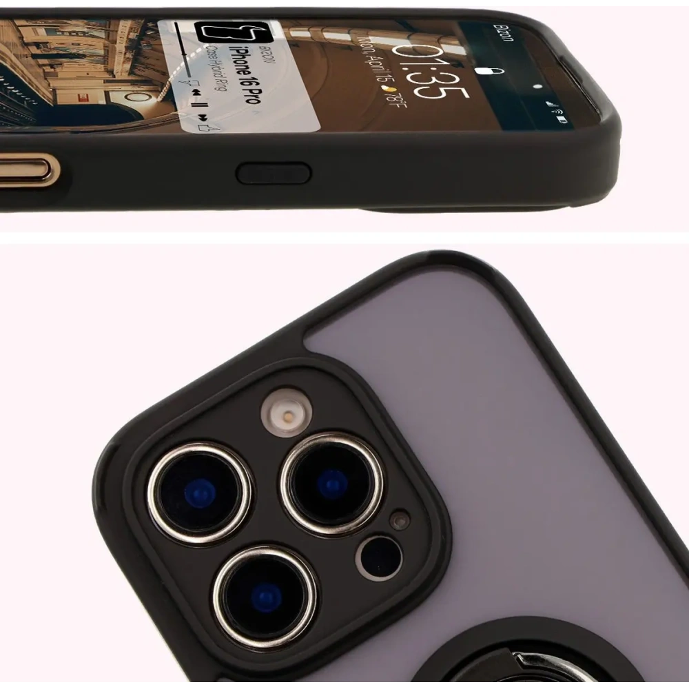 Etui z uchwytem na palec Bizon Case Hybrid Ring do Apple iPhone 16 Pro przydymione z czarną ramką