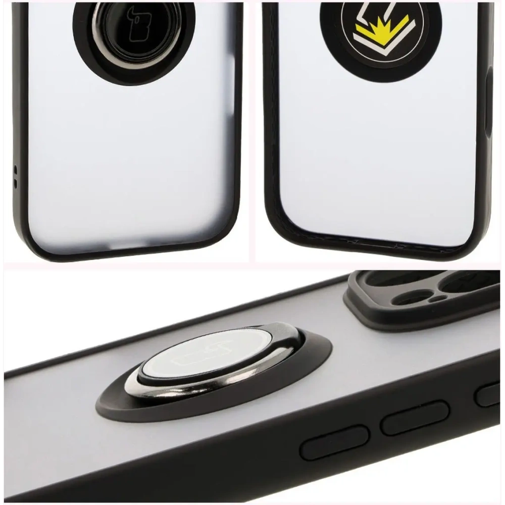 Etui z uchwytem na palec Bizon Case Hybrid Ring do Apple iPhone 16 Pro przydymione z czarną ramką